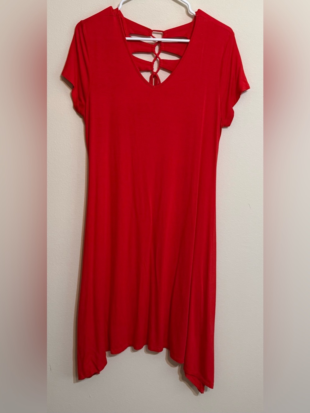 Chico’s Red Short-Sleeve V-Neck Dress with Strappy Back 2P (L)